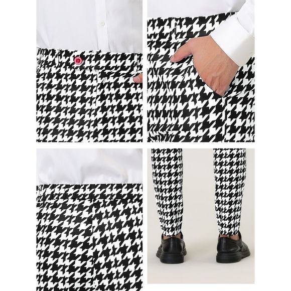 Houndstooth Printed Color Block Flat Front Slim Fit Dress Pants Black White - Picture 6 of 6